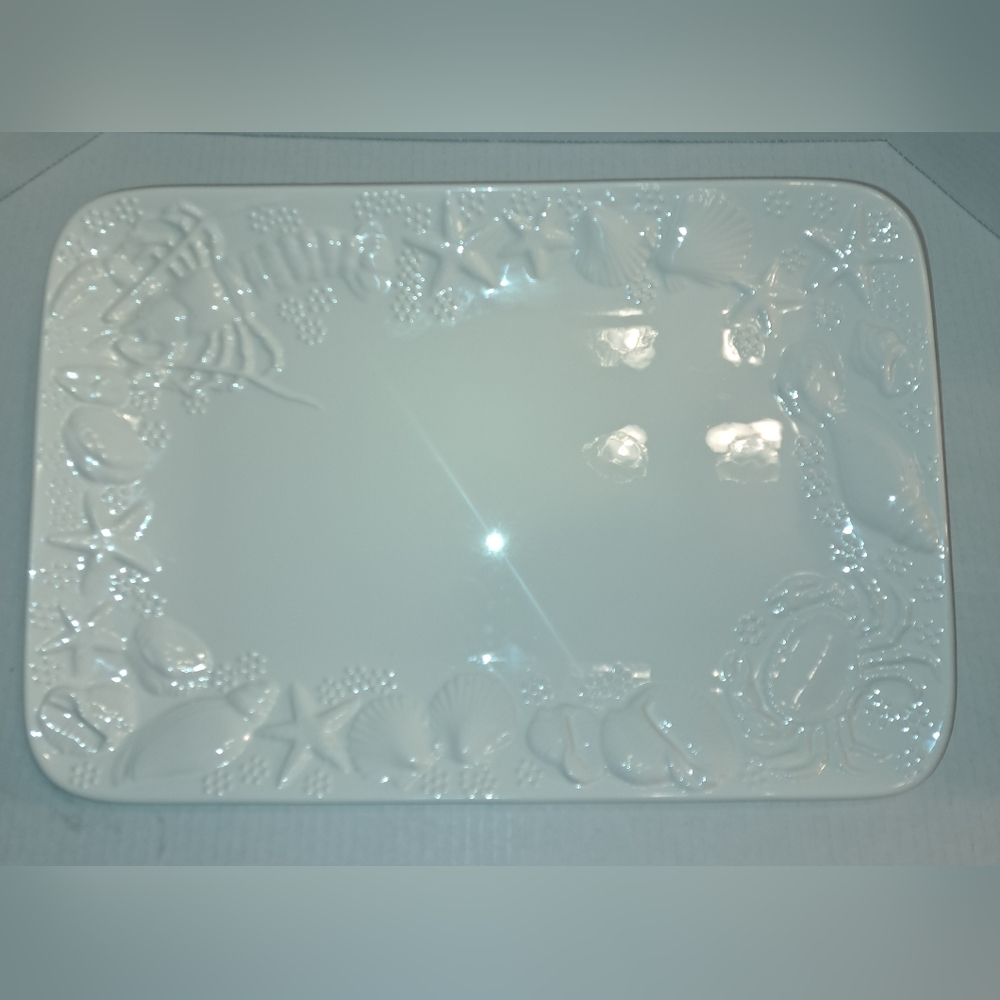 Century JAPAN made White SEASHORE Platter Embossed Lobster Crabs & Seashells